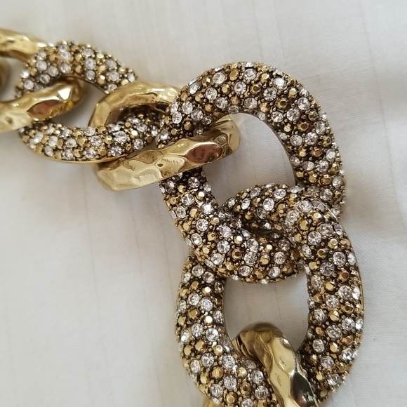 Chunky Gold Hammered Rhinestone Large Link Statement Necklace - Picture 3 of 5